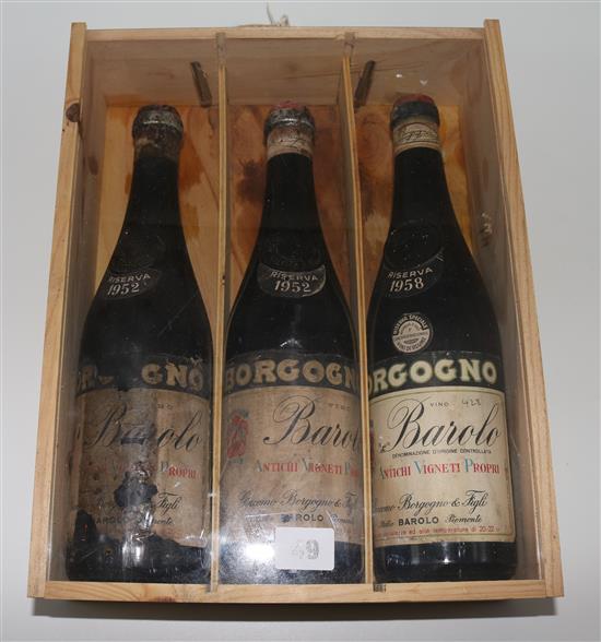 Three bottle of Borgogno Barolo Riserva 1952(2) & 1958(1),